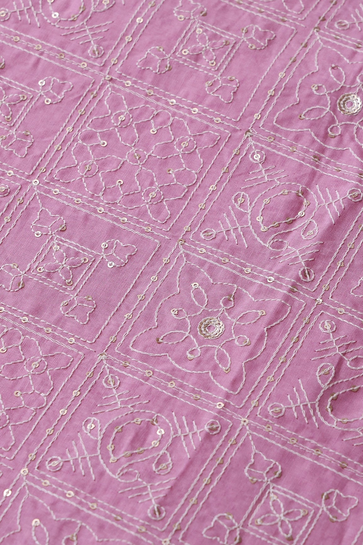 White Thread With Gold Sequins Geometric Embroidery Work On Pink Organic Cotton Fabric - doeraa
