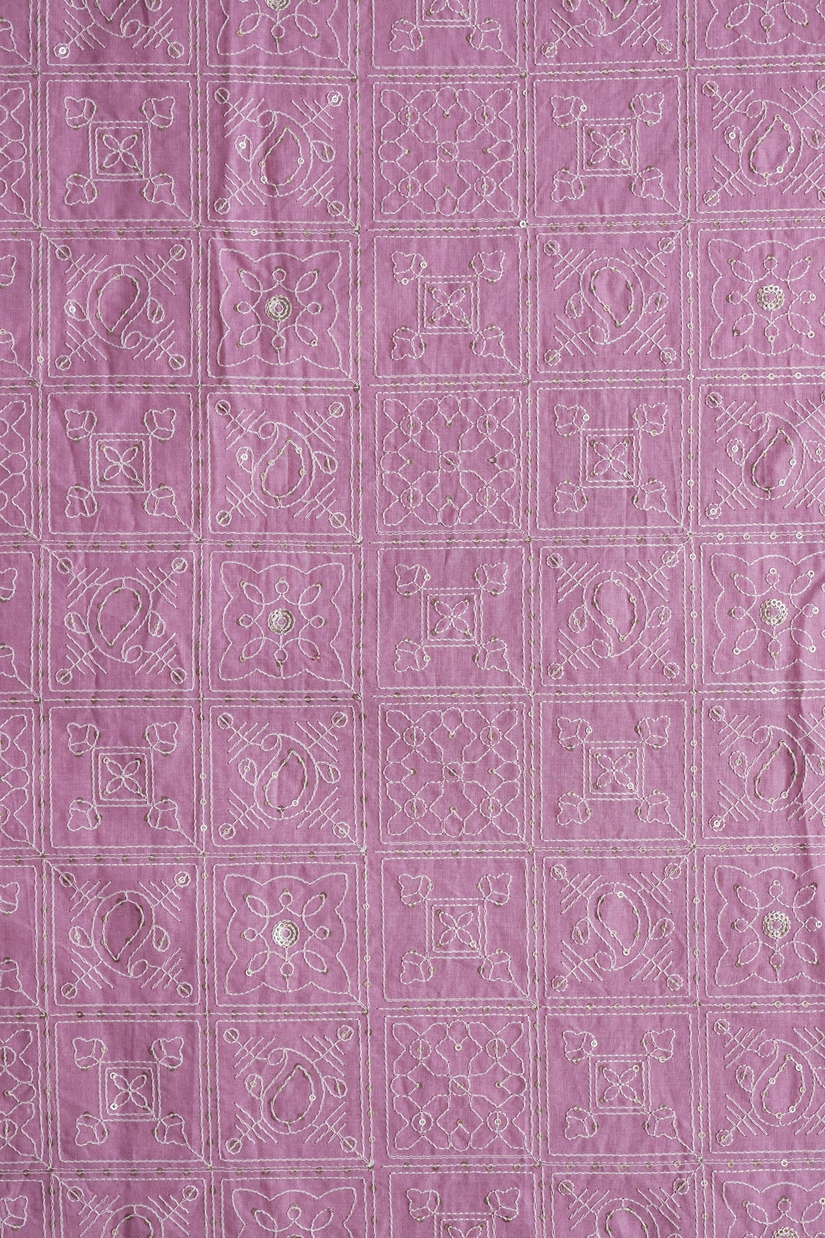 White Thread With Gold Sequins Geometric Embroidery Work On Pink Organic Cotton Fabric - doeraa