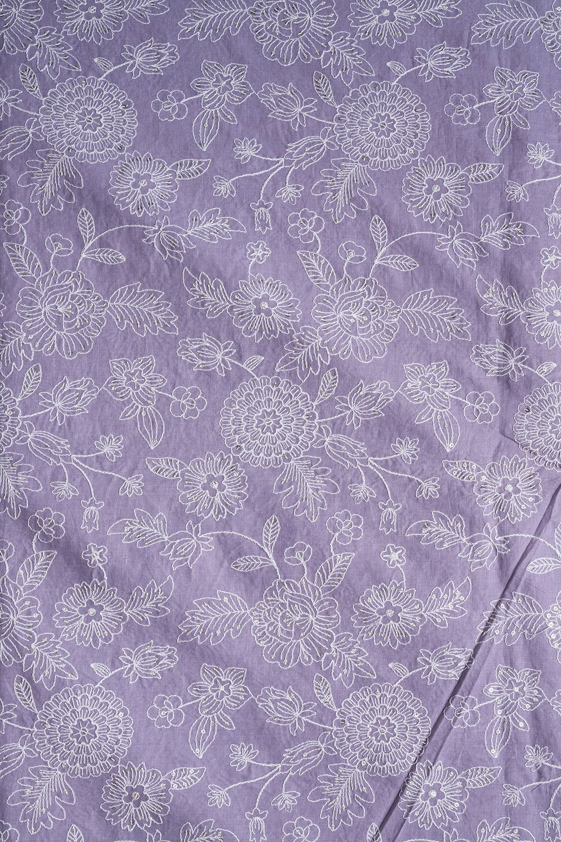 White Thread With Gold Sequins Heavy Floral Embroidery Work On Gray Purple Cotton Fabric - doeraa