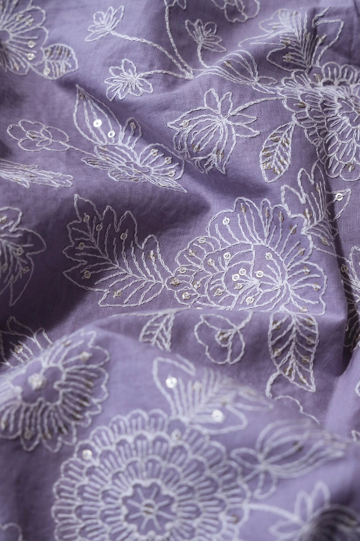 White Thread With Gold Sequins Heavy Floral Embroidery Work On Gray Purple Cotton Fabric - doeraa