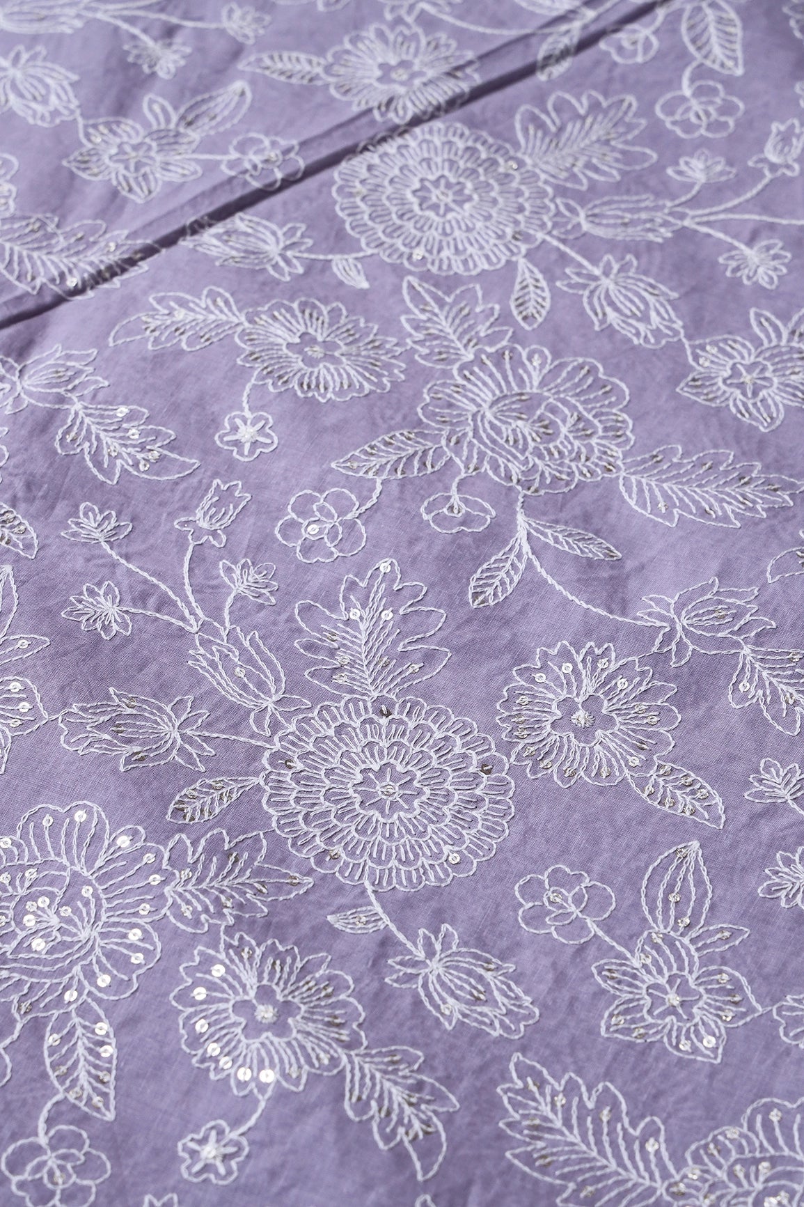 White Thread With Gold Sequins Heavy Floral Embroidery Work On Gray Purple Cotton Fabric - doeraa