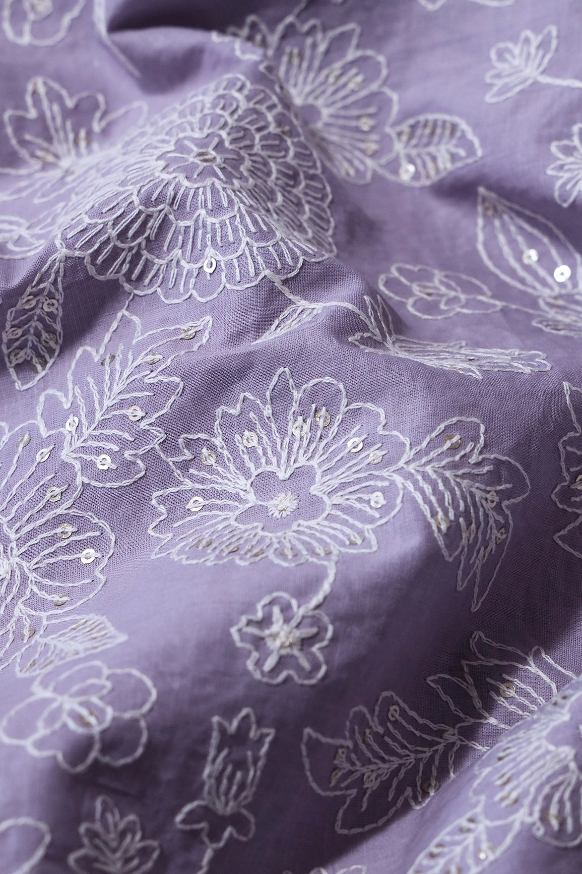 White Thread With Gold Sequins Heavy Floral Embroidery Work On Gray Purple Cotton Fabric - doeraa