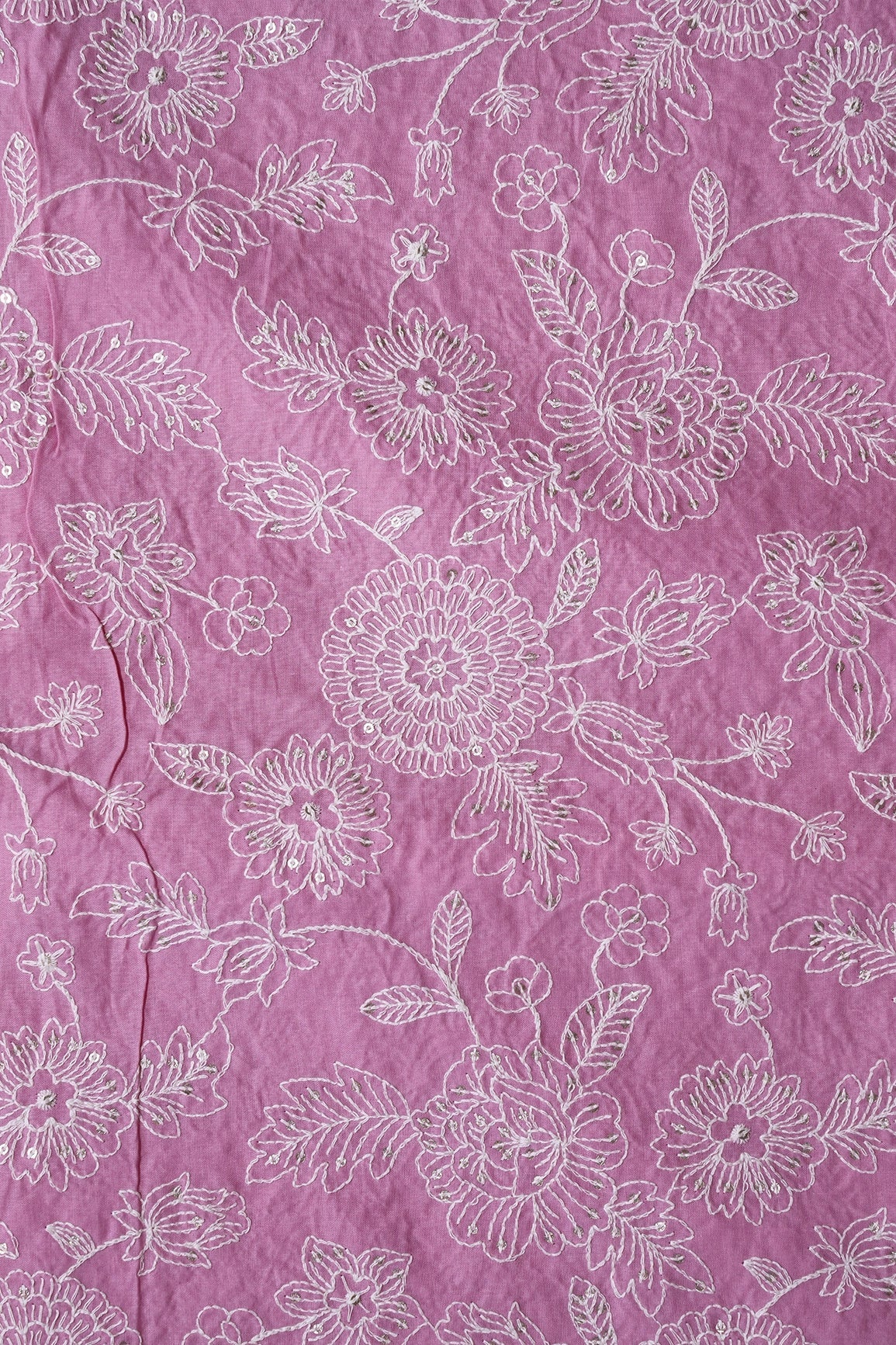 White Thread With Gold Sequins Heavy Floral Embroidery Work On Pink Cotton Fabric - doeraa