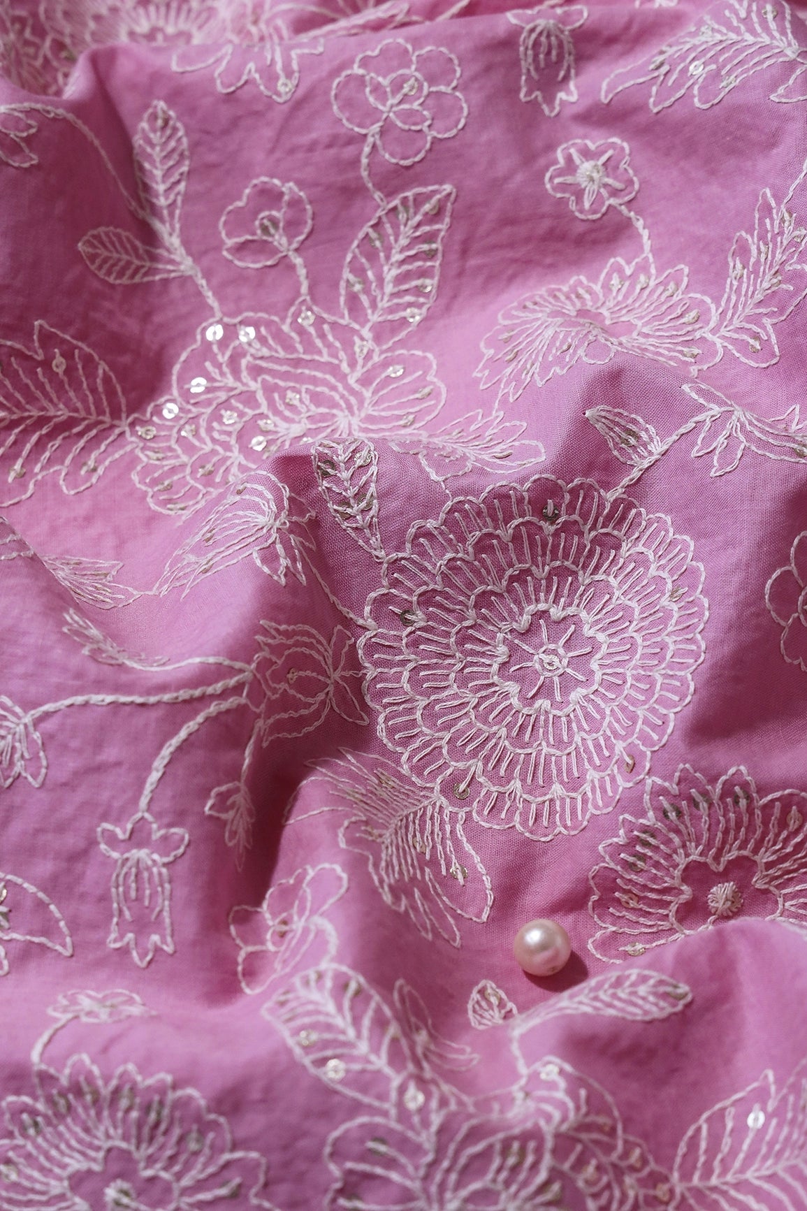 White Thread With Gold Sequins Heavy Floral Embroidery Work On Pink Cotton Fabric - doeraa