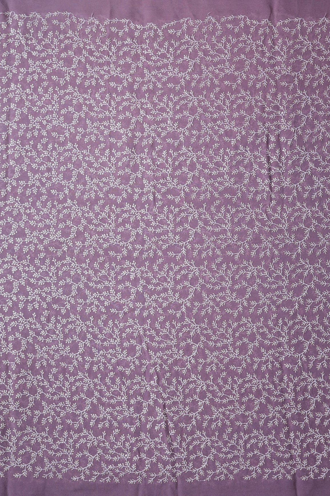 White Thread With Gold Sequins Lucknowi Leafy Embroidery Work On Mauve Viscose Georgette Fabric - doeraa