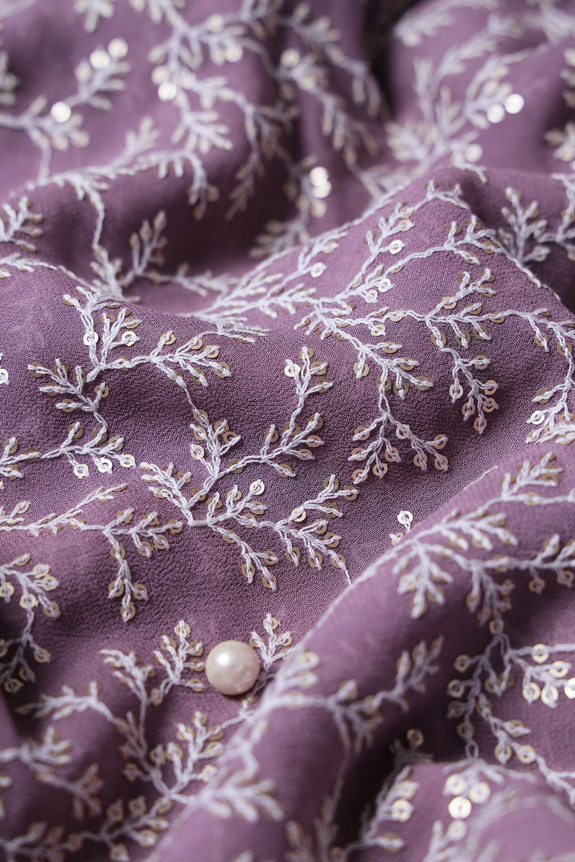 White Thread With Gold Sequins Lucknowi Leafy Embroidery Work On Mauve Viscose Georgette Fabric - doeraa