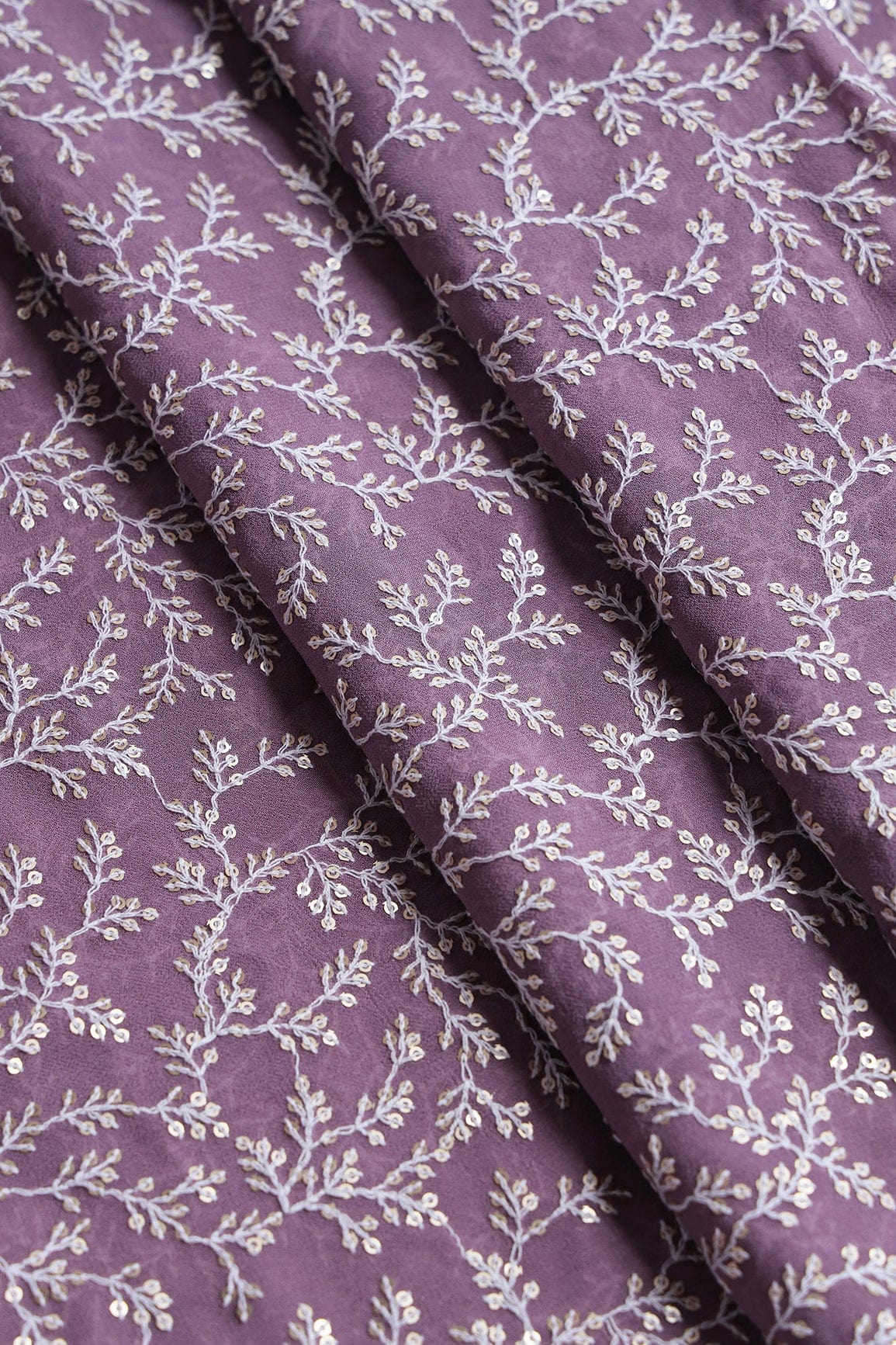 White Thread With Gold Sequins Lucknowi Leafy Embroidery Work On Mauve Viscose Georgette Fabric - doeraa
