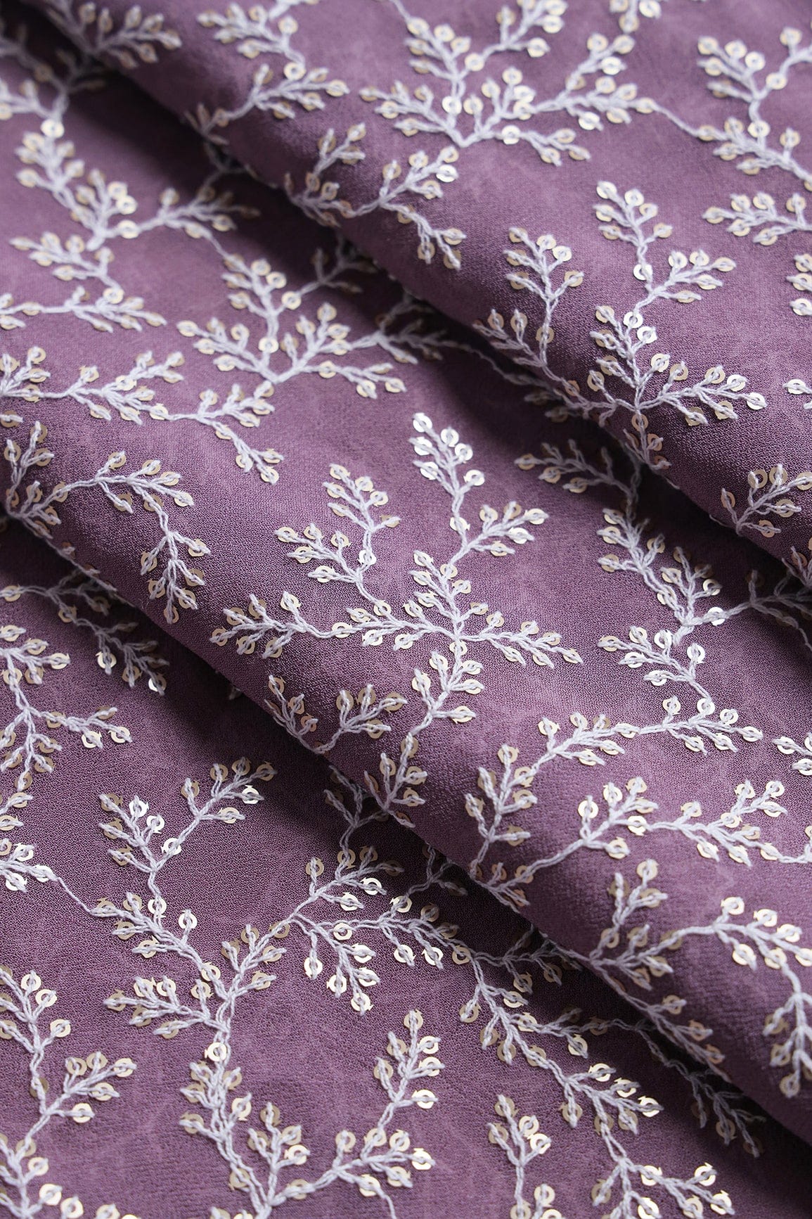 White Thread With Gold Sequins Lucknowi Leafy Embroidery Work On Mauve Viscose Georgette Fabric - doeraa