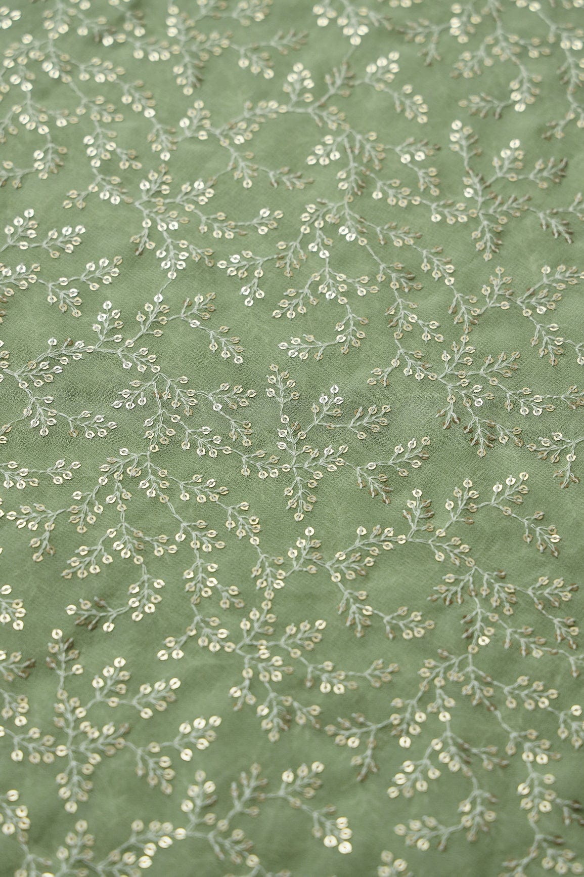 White Thread With Gold Sequins Lucknowi Leafy Embroidery Work On Olive Viscose Georgette Fabric - doeraa