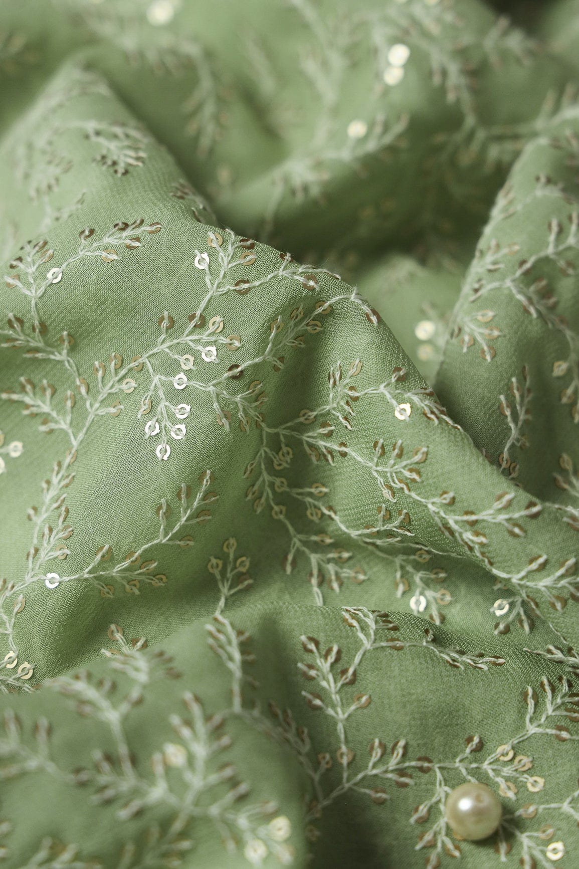 White Thread With Gold Sequins Lucknowi Leafy Embroidery Work On Olive Viscose Georgette Fabric - doeraa