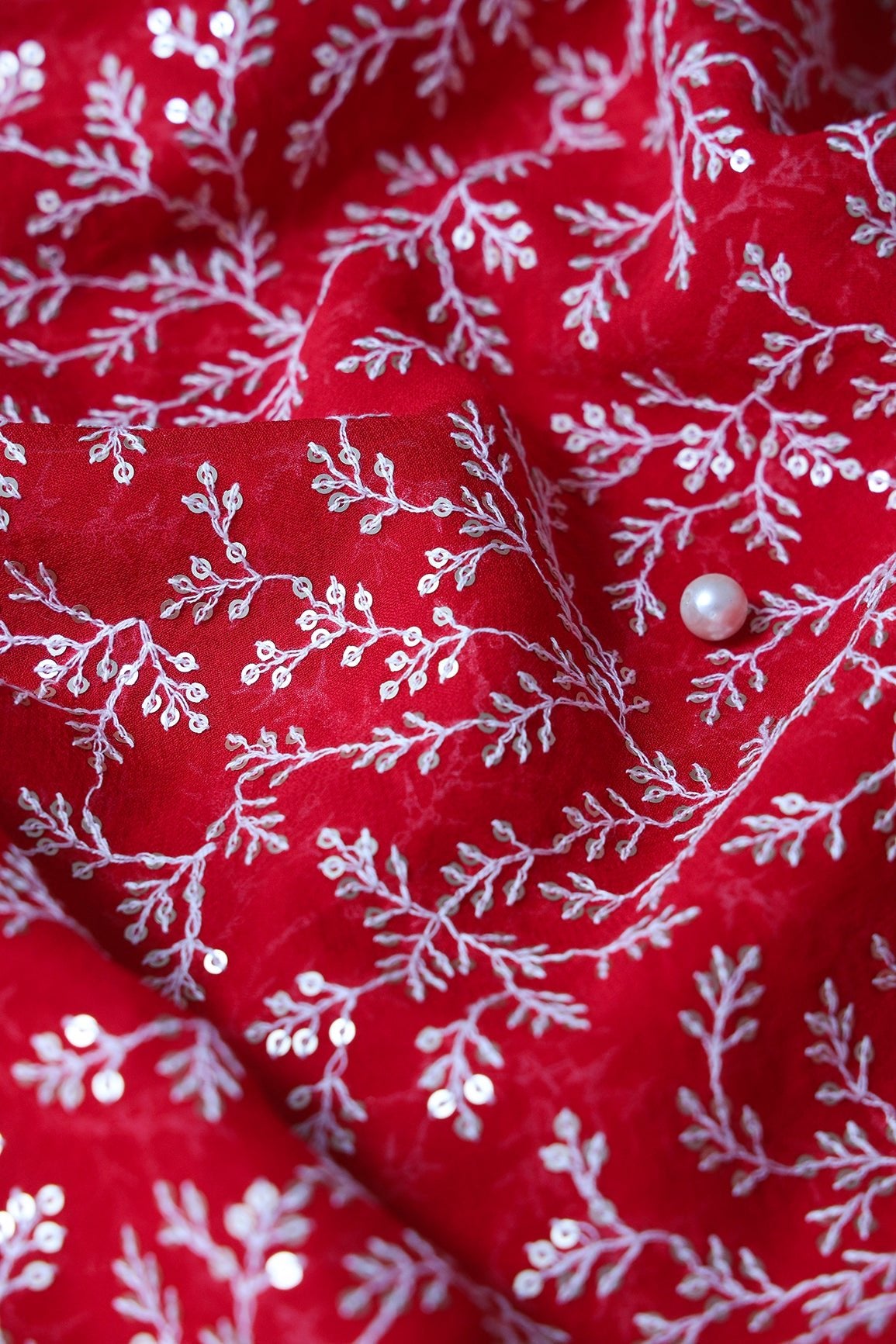 White Thread With Gold Sequins Lucknowi Leafy Embroidery Work On Red Viscose Georgette Fabric - doeraa