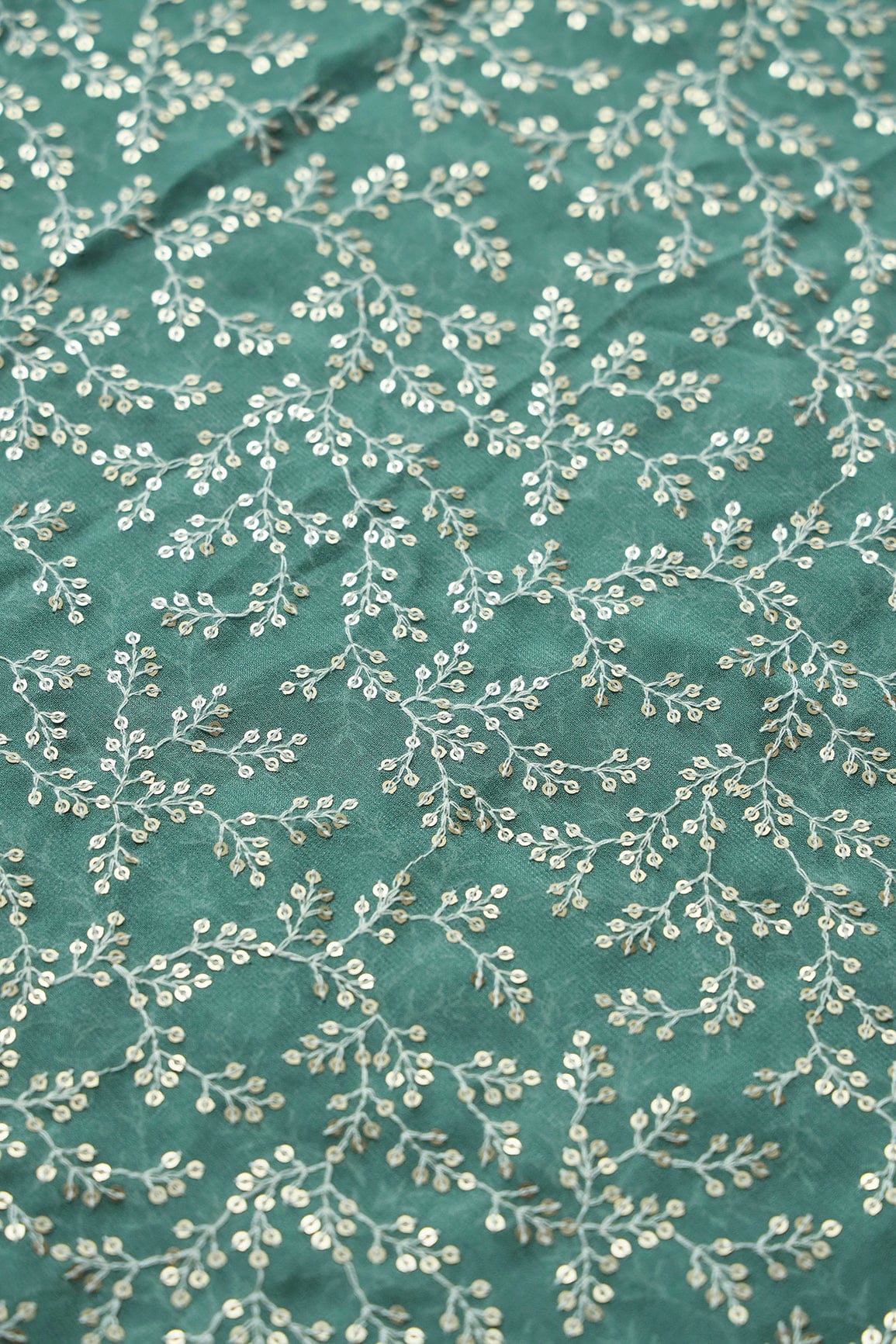 White Thread With Gold Sequins Lucknowi Leafy Embroidery Work On Teal Viscose Georgette Fabric - doeraa