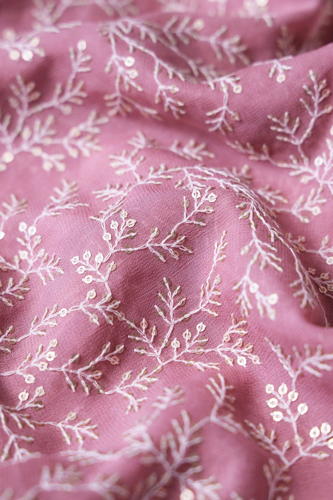 White Thread With Gold Sequins Lucknowi Leafy Embroidery Work On Thulian Pink Viscose Georgette Fabric - doeraa