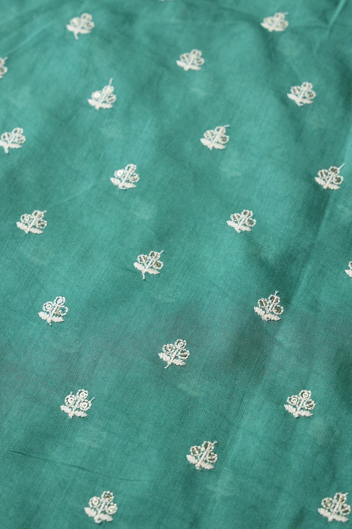 White Thread With Gold Sequins Small Floral Booti Embroidery Work On Teal Pure Chanderi Silk Fabric - doeraa