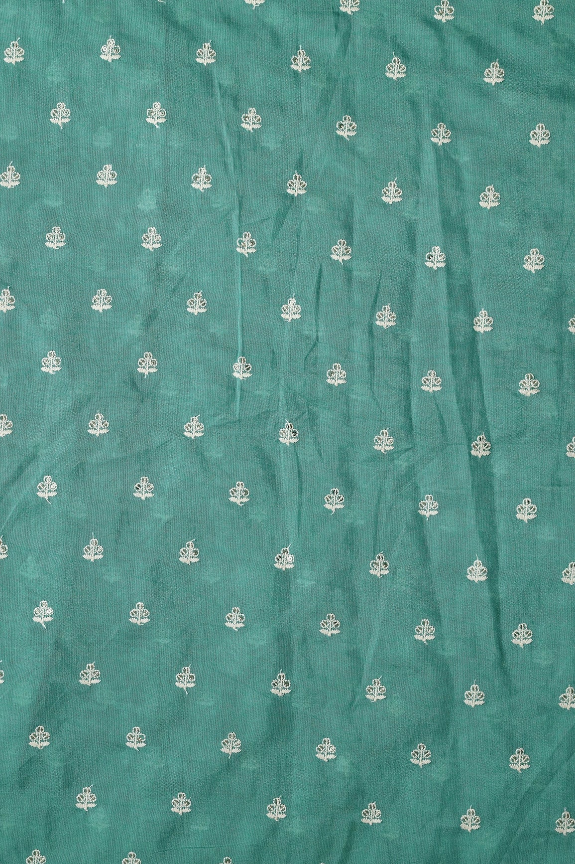 White Thread With Gold Sequins Small Floral Booti Embroidery Work On Teal Pure Chanderi Silk Fabric - doeraa