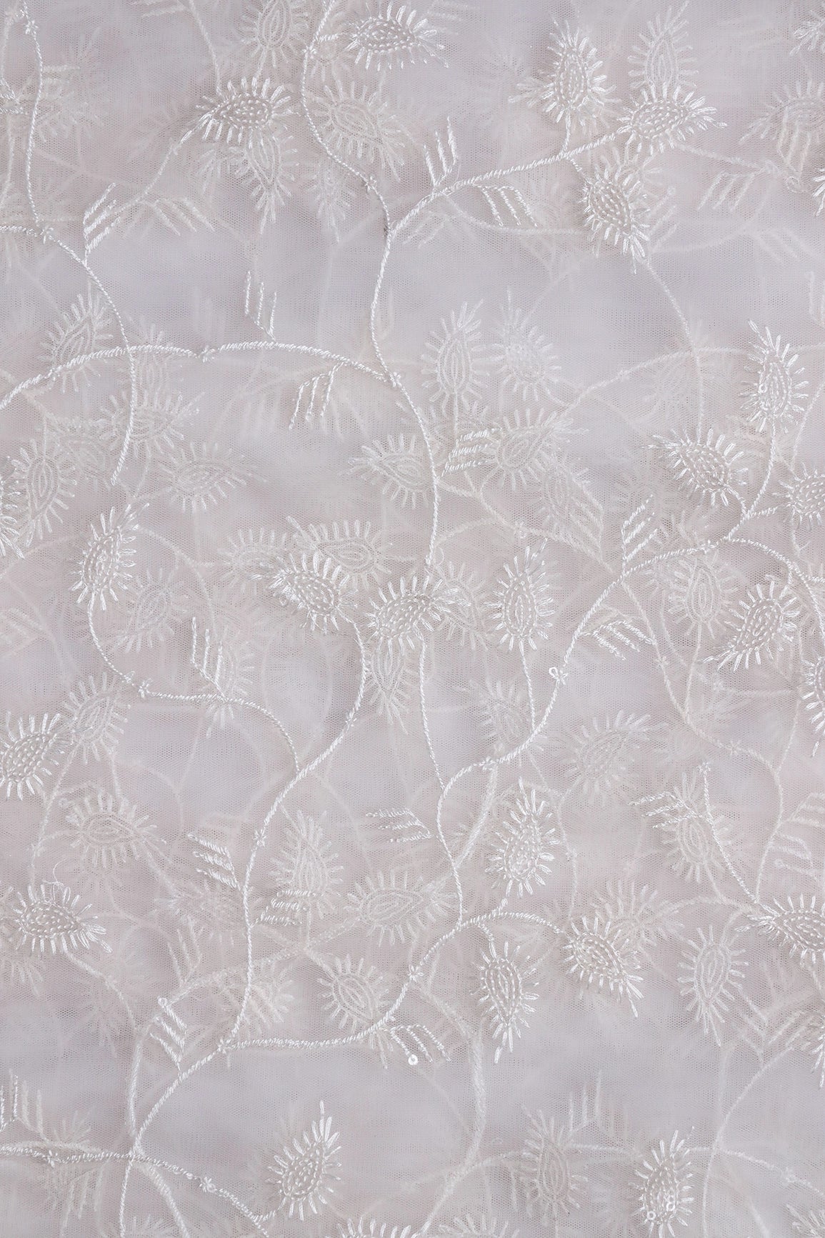 White Thread With Sequins Beautiful Leafy Embroidery On Dyeable White Soft Net Fabric - doeraa