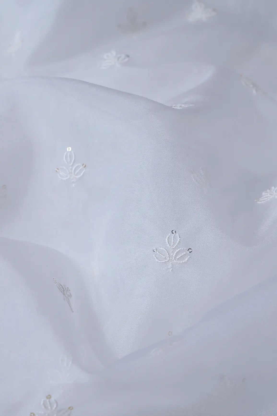 White Thread With Sequins Beautiful Small Leafy Motif Embroidery Work On Dyeable White Organza Fabric - doeraa