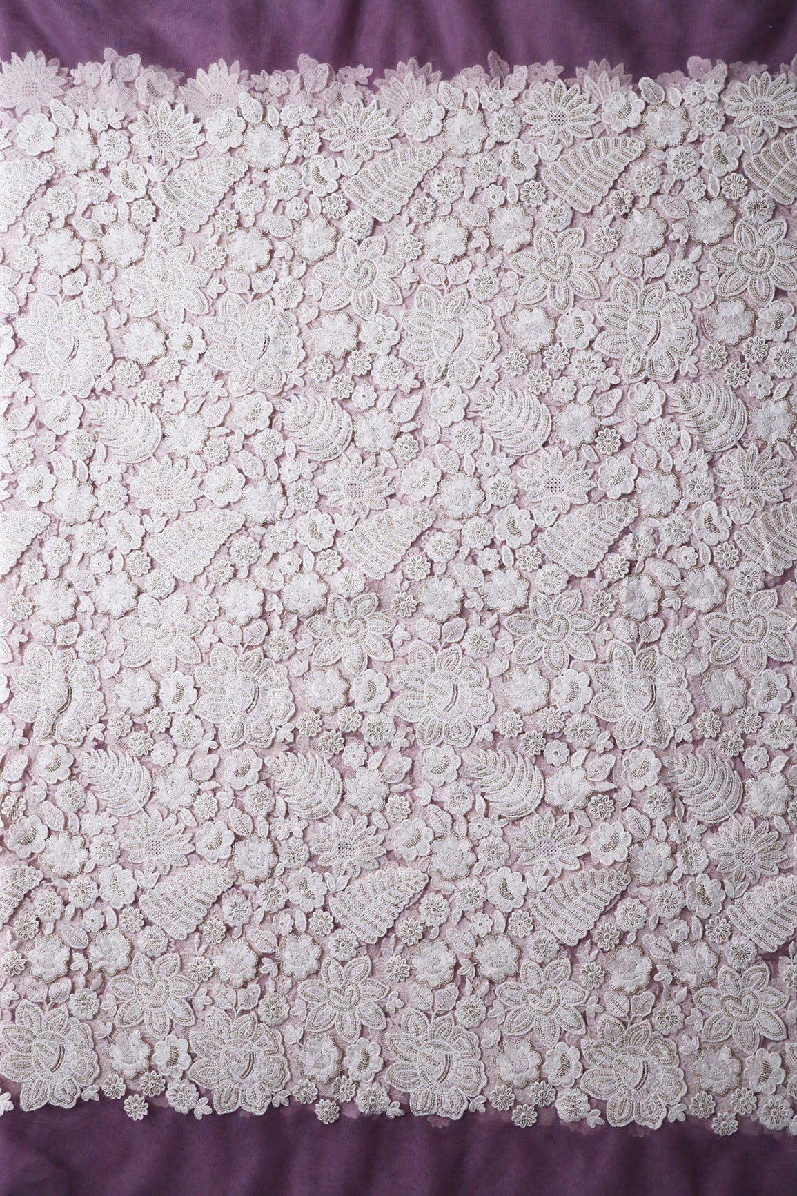 White Thread With Sequins Heavy Floral Embroidery On Lilac Purple Soft Net Fabric - doeraa