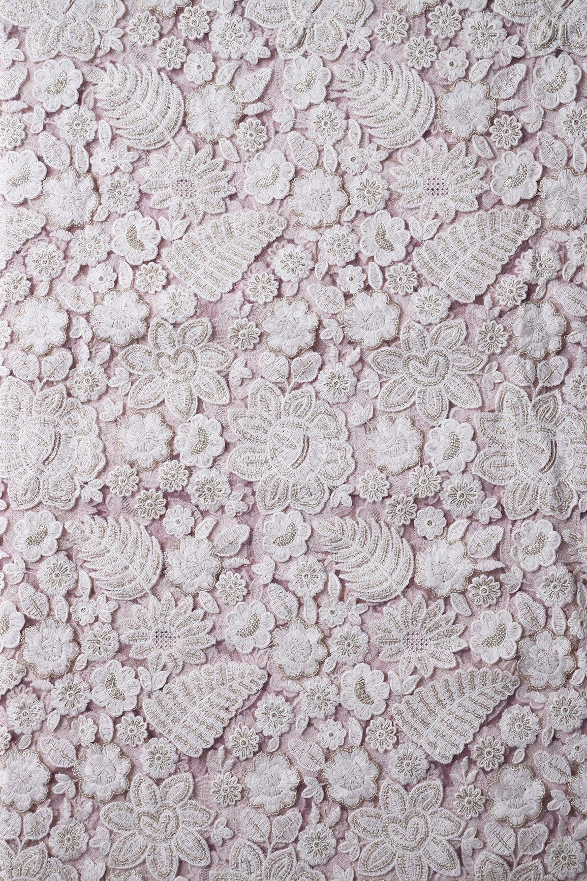 White Thread With Sequins Heavy Floral Embroidery On Lilac Purple Soft Net Fabric - doeraa