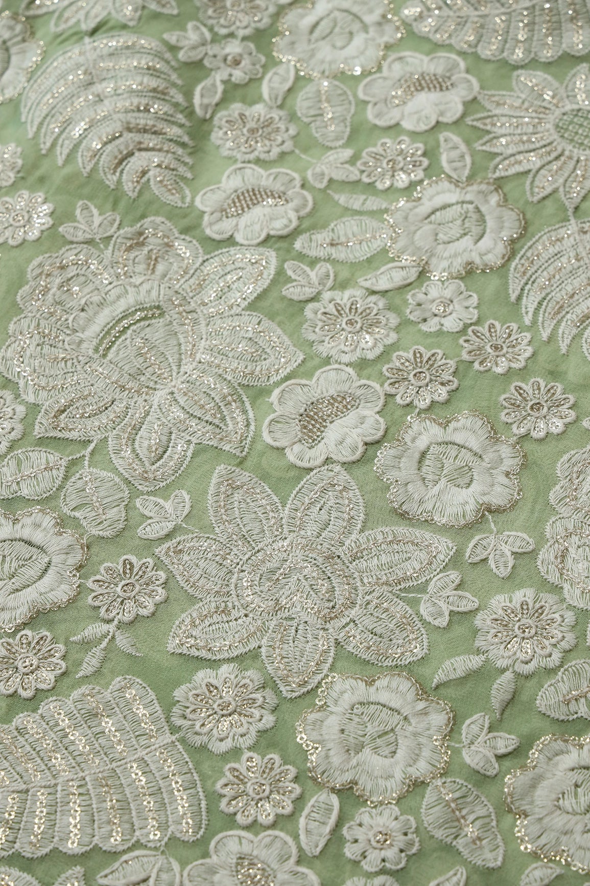 White Thread With Sequins Heavy Floral Embroidery On Parrot Green Viscose Georgette Fabric - doeraa