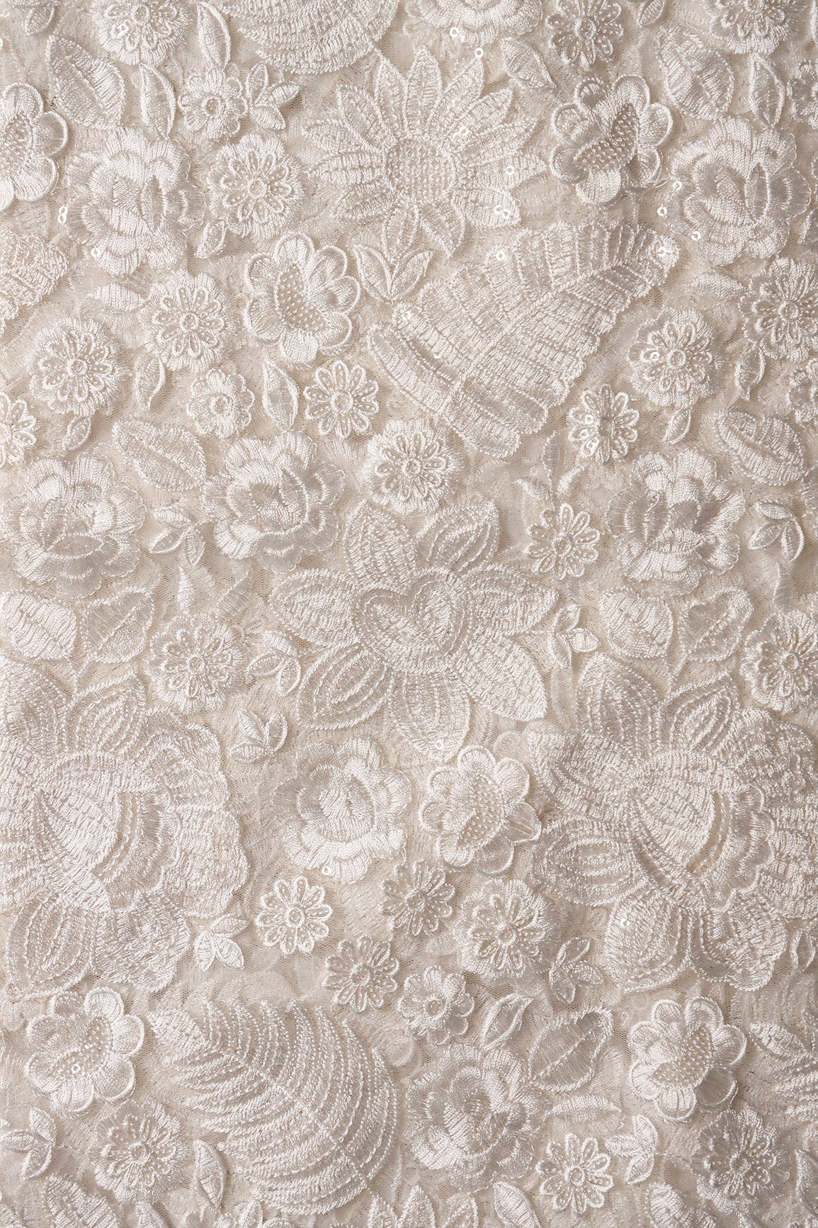 White Thread With Sequins Heavy Floral Embroidery On White Dyeable Soft Net Fabric - doeraa