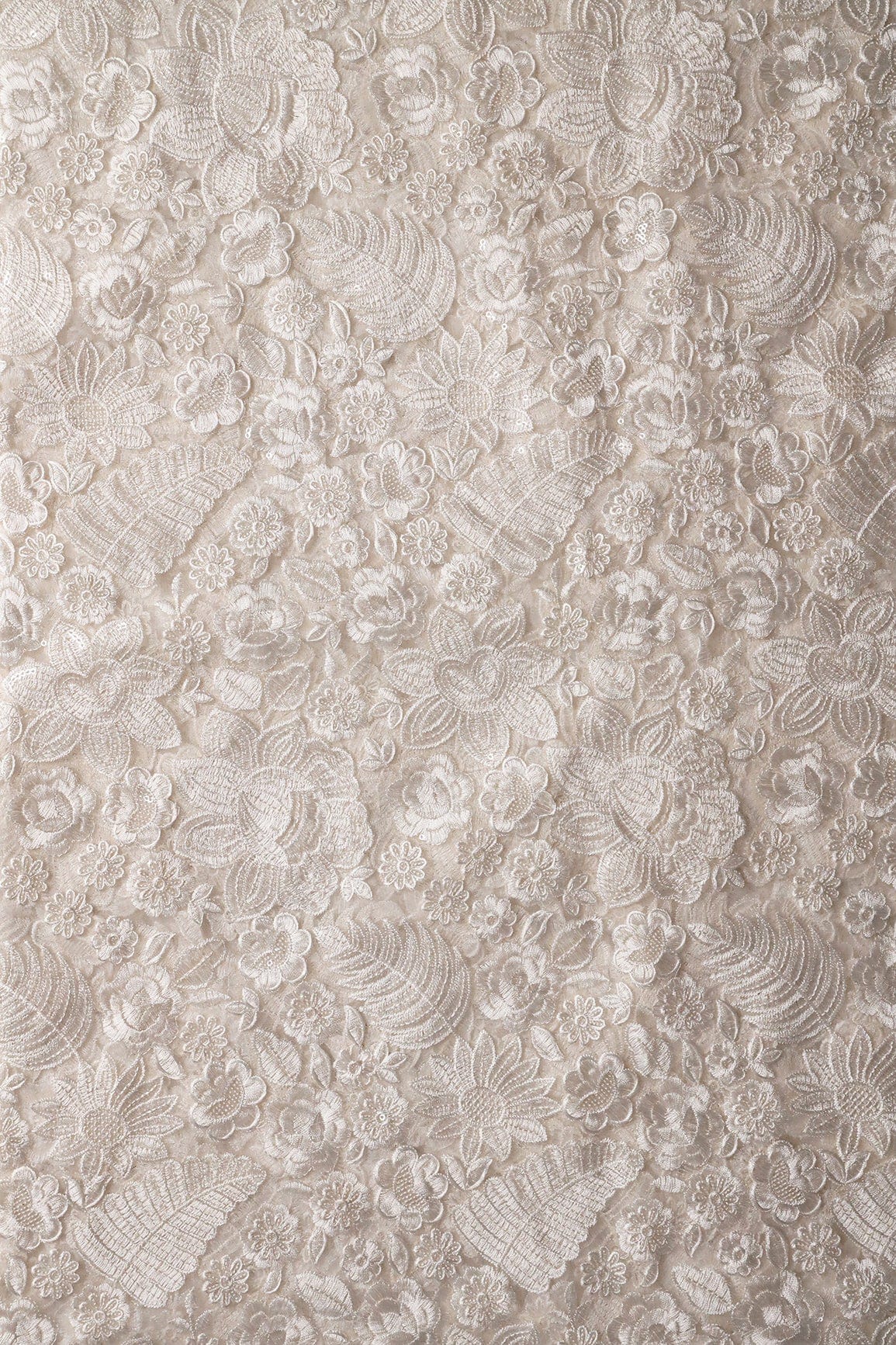 White Thread With Sequins Heavy Floral Embroidery On White Dyeable Soft Net Fabric - doeraa