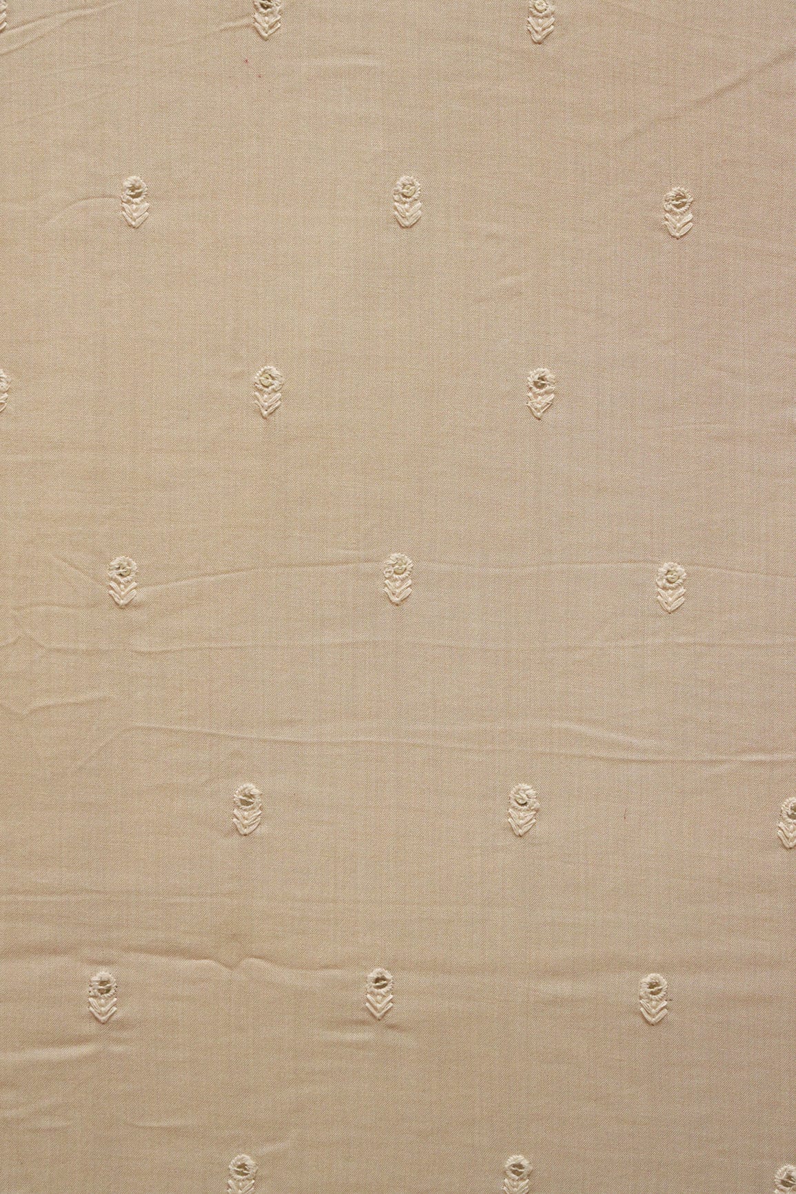 White Thread With Sequins Small Floral Motif Embroidery Work On Beige Muslin Fabric - doeraa