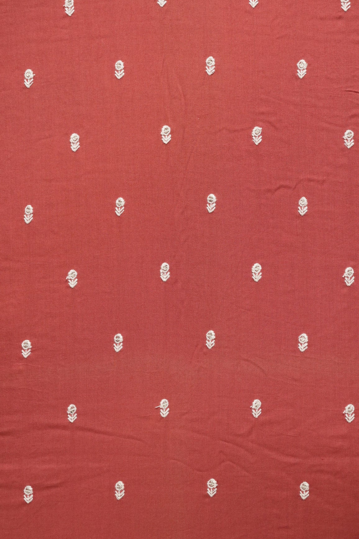 White Thread With Sequins Small Floral Motif Embroidery Work On Rust Red Muslin Fabric - doeraa