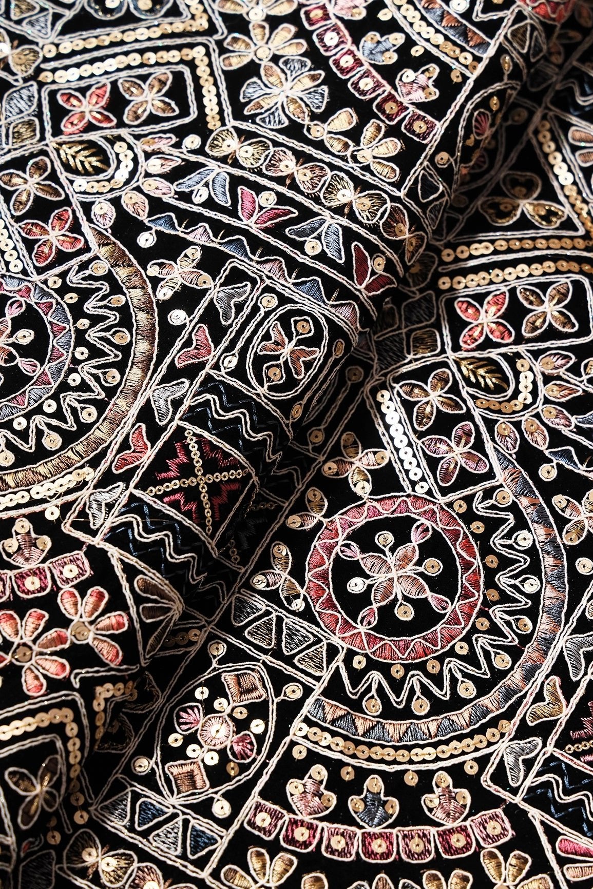 White Thread With Sequins Traditional Heavy Embroidery Work On Black Velvet Fabric - doeraa