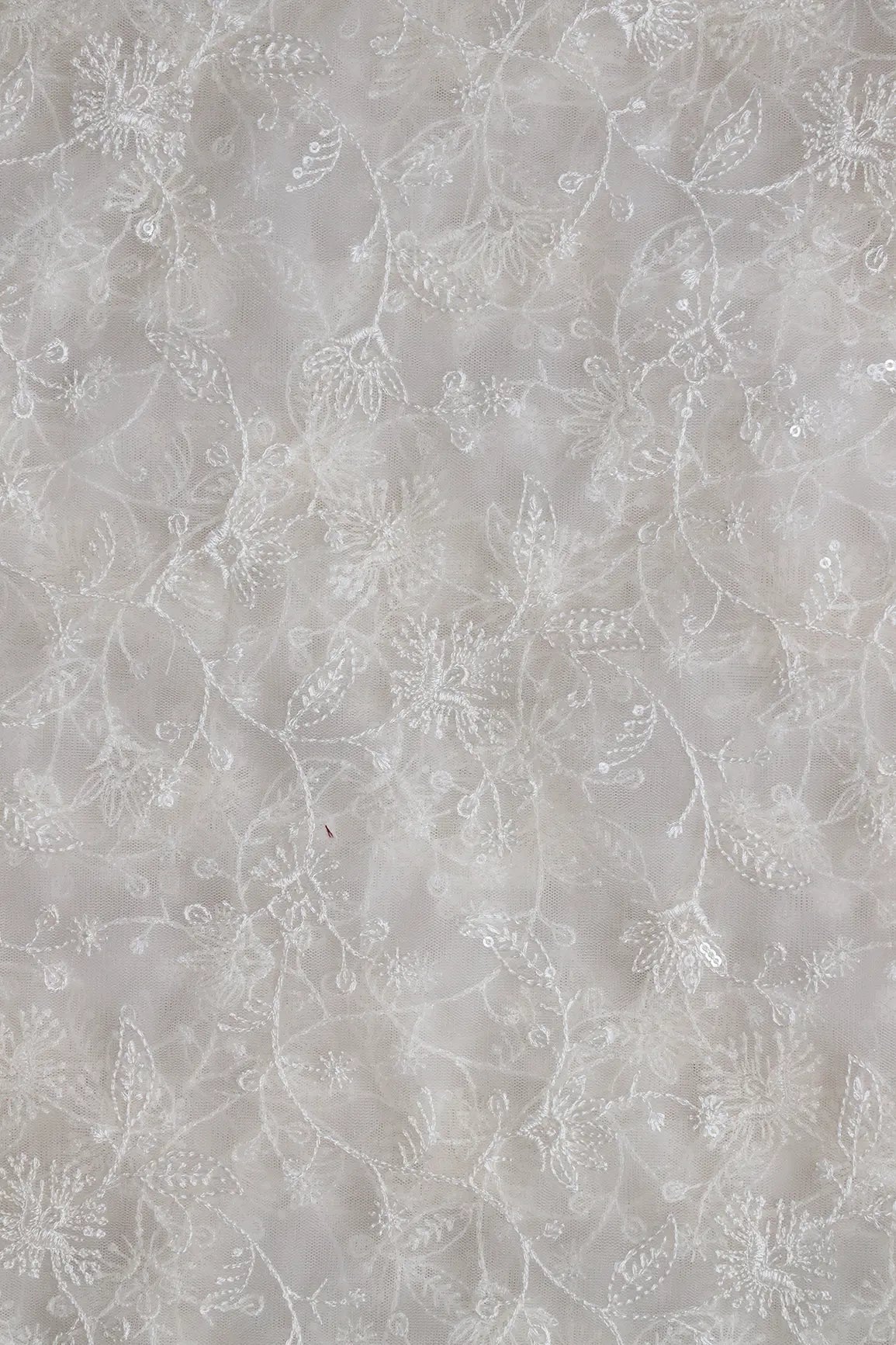 White Thread With Water Sequins Floral Embroidery On Dyeable White Soft Net Fabric - doeraa