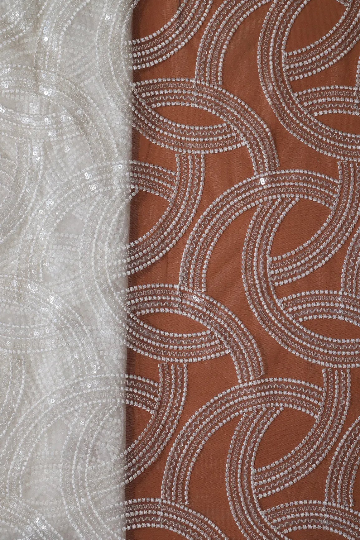 White Thread With Water Sequins Geometric Embroidery On Dyeable White Soft Net Fabric - doeraa