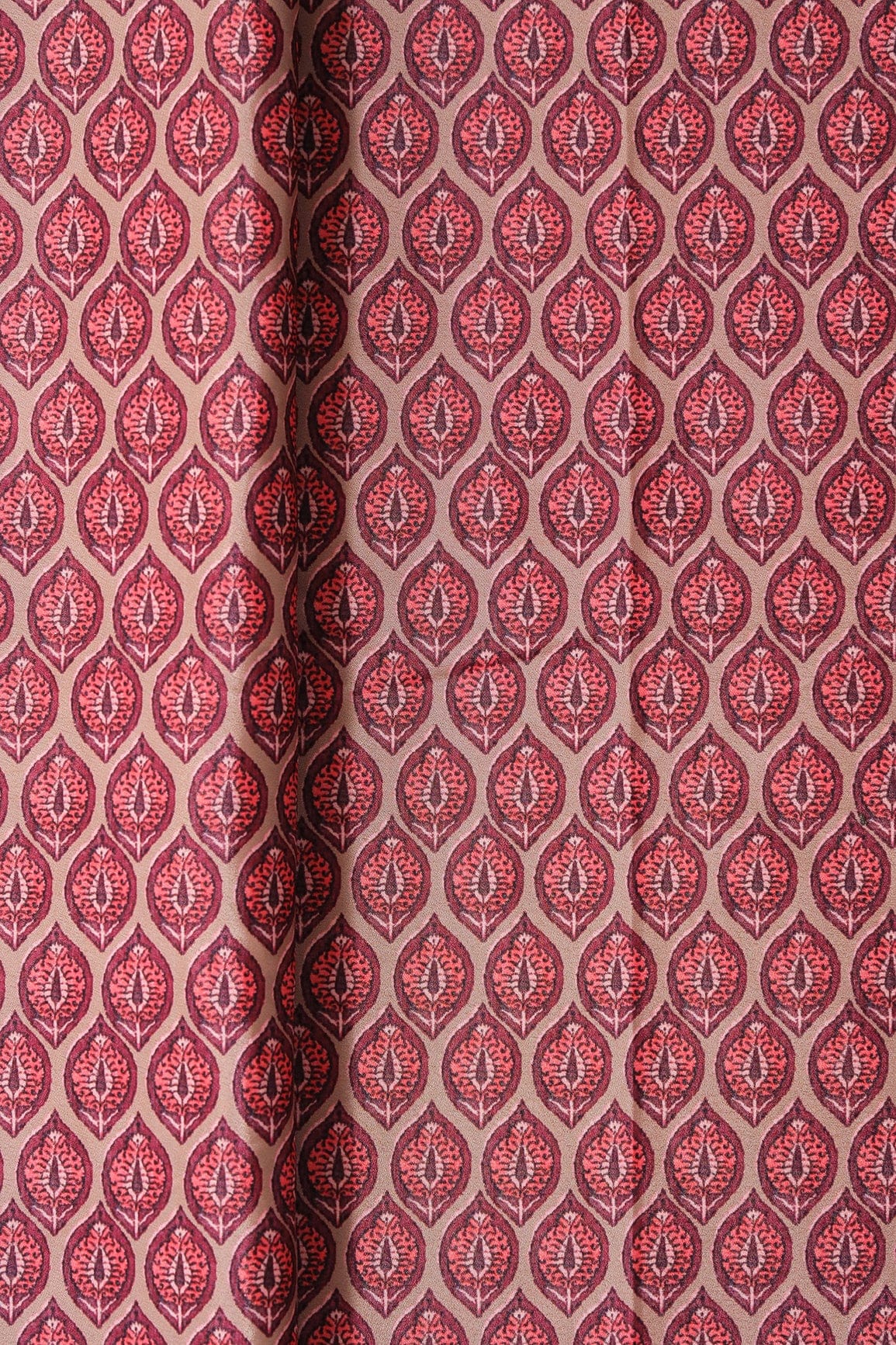 Wine And Peach Ogee Pattern Digital Print On Light Brown Crepe Fabric - doeraa