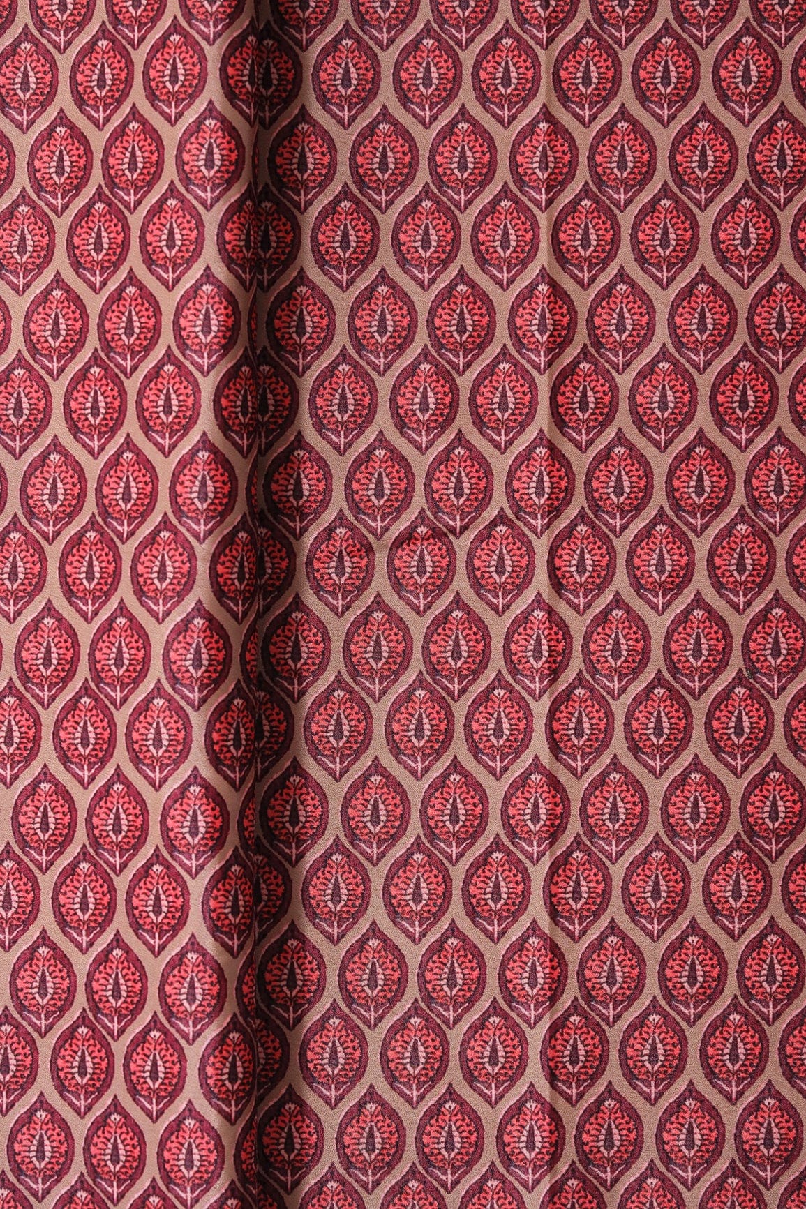 Wine And Peach Ogee Pattern Digital Print On Light Brown Crepe Fabric - doeraa