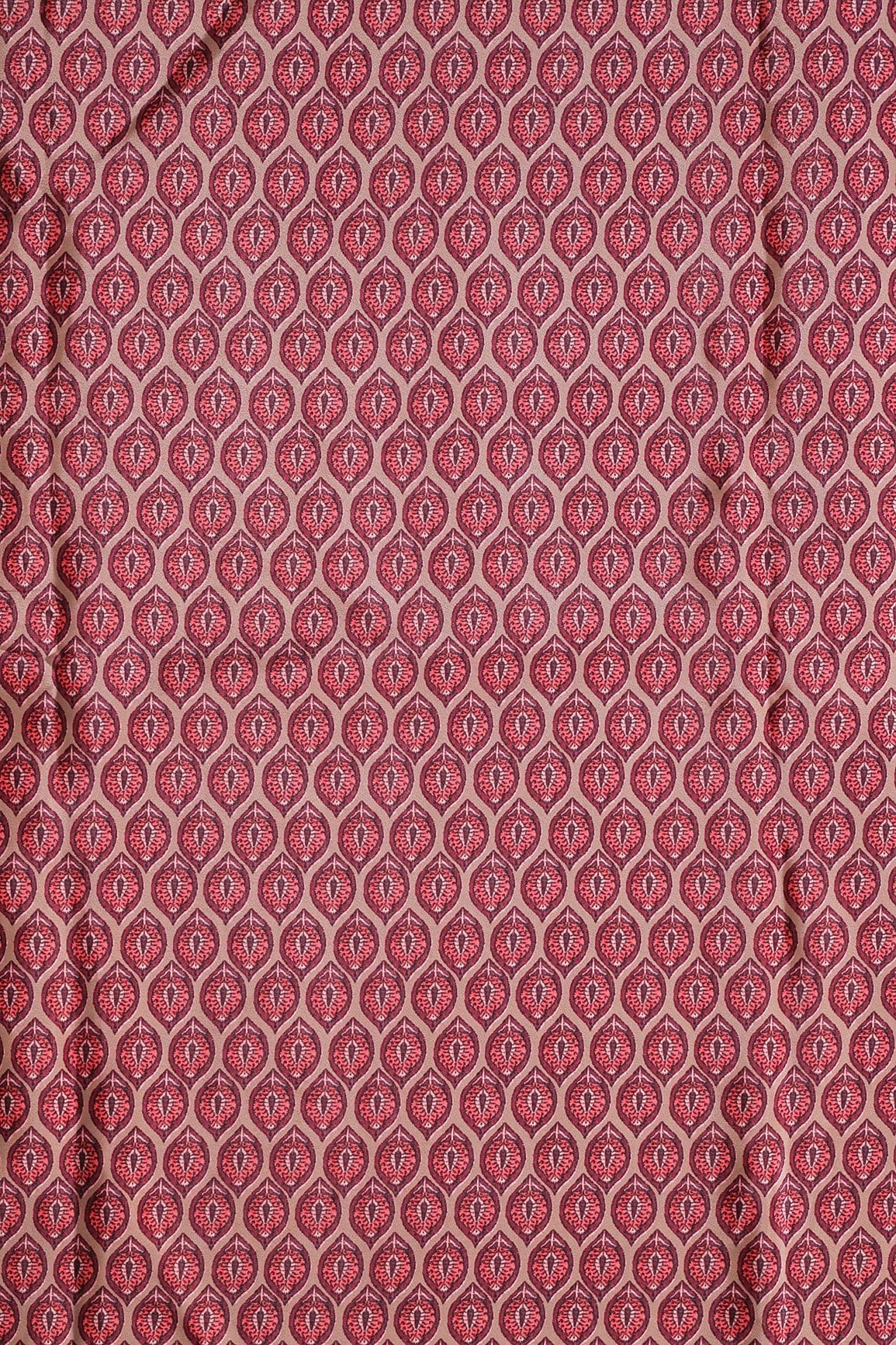 Wine And Peach Ogee Pattern Digital Print On Light Brown Crepe Fabric - doeraa