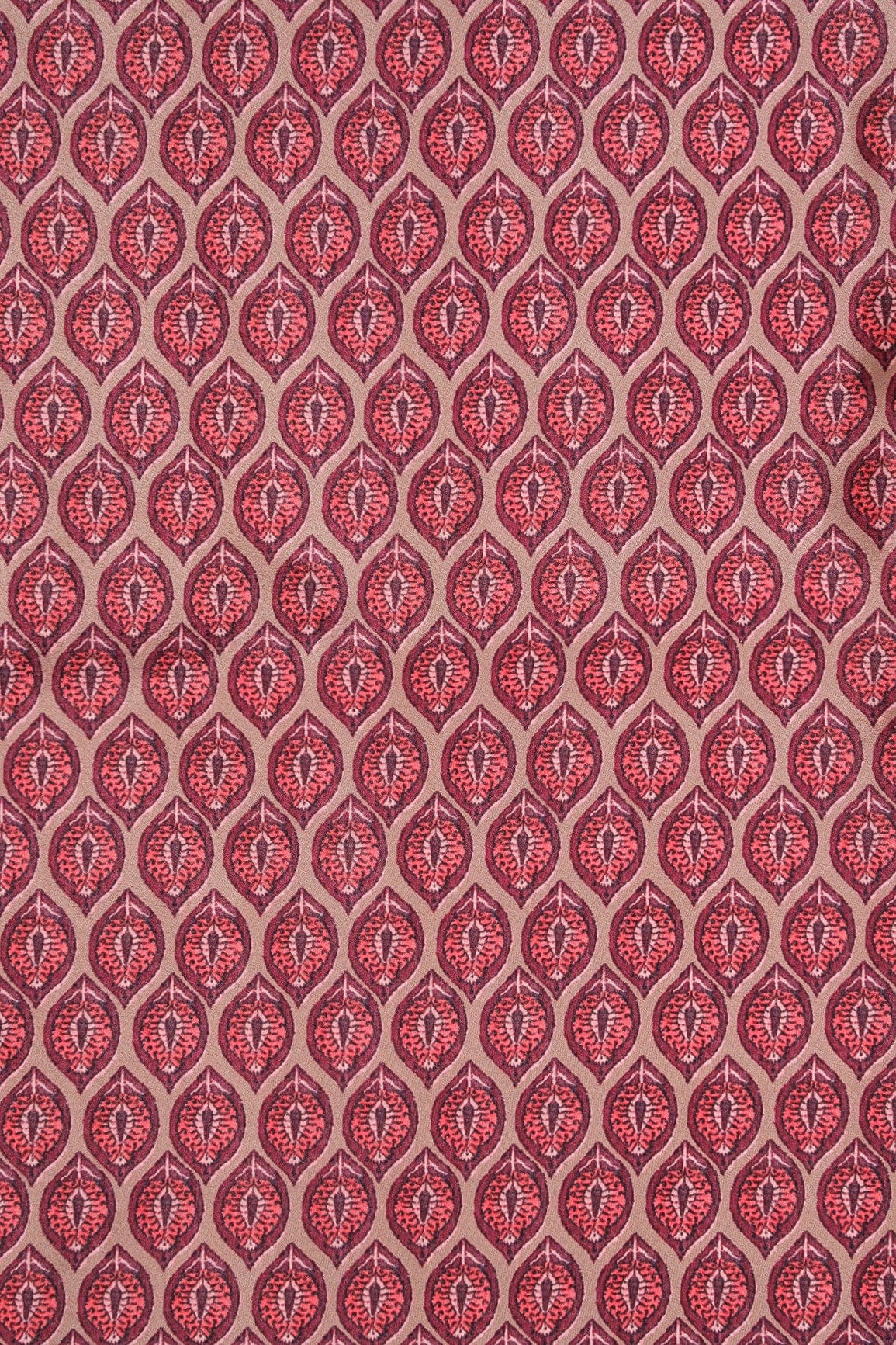 Wine And Peach Ogee Pattern Digital Print On Light Brown Crepe Fabric - doeraa