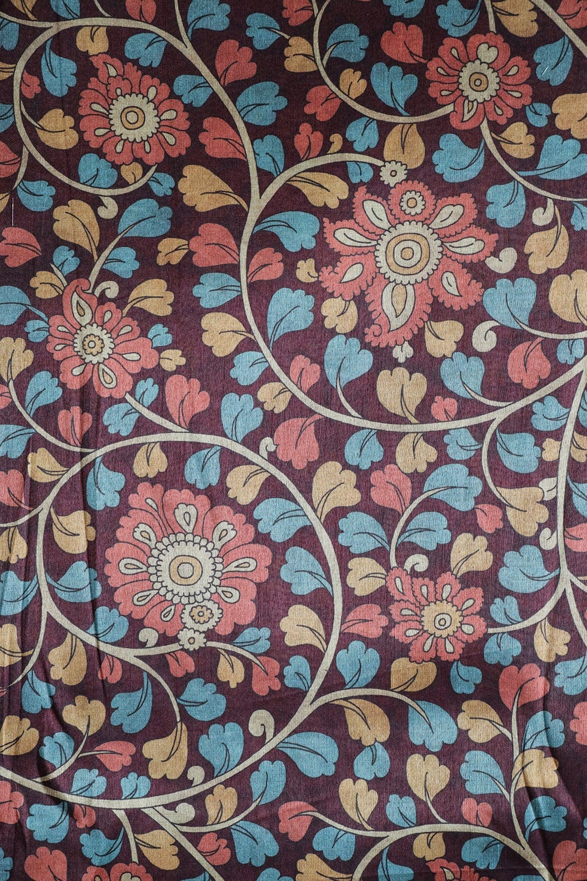 Wine And Tomato Red Floral Pattern Digital Print On Mulberry Silk Fabric - doeraa