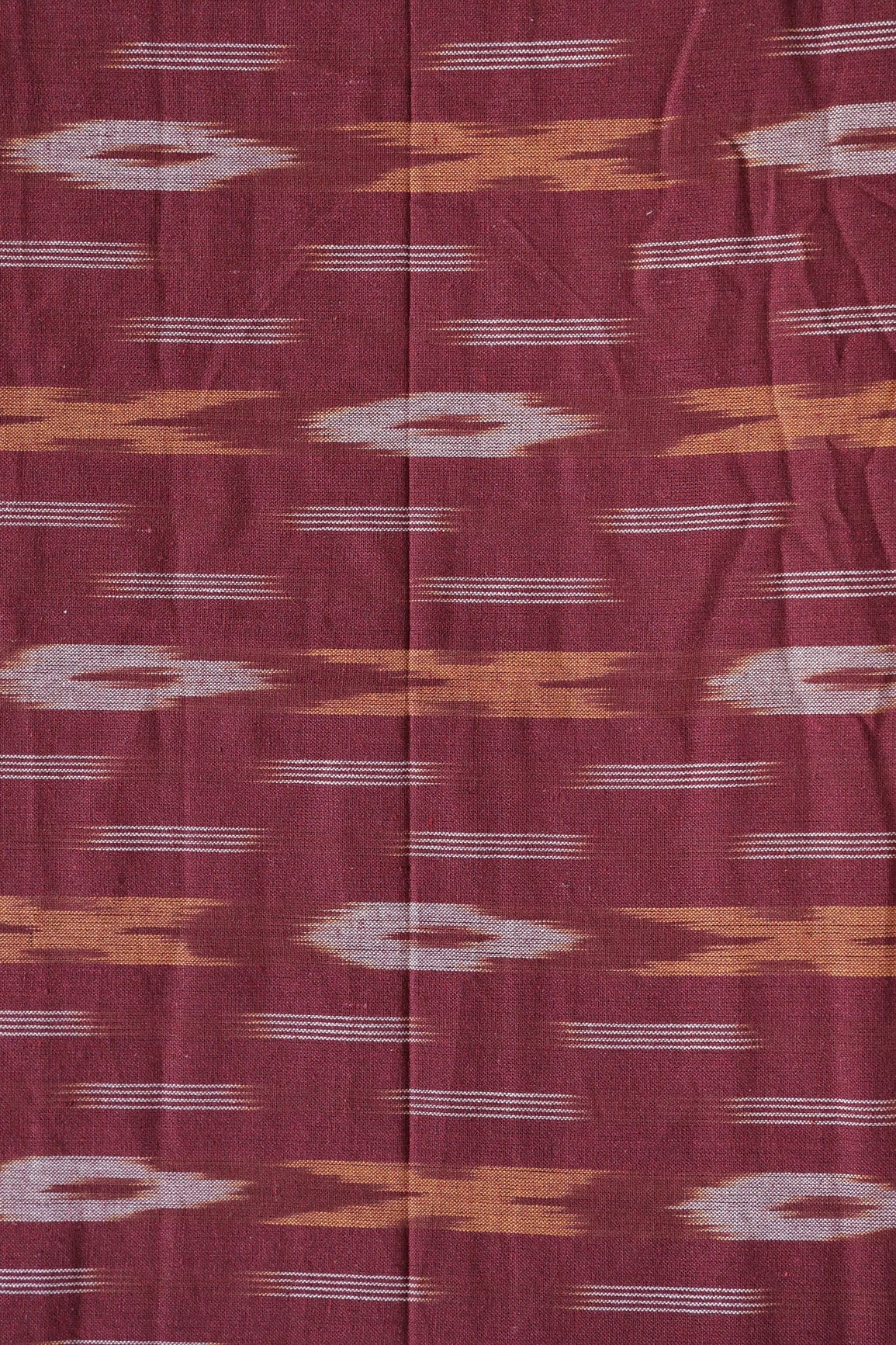 Wine And White Geometric Pattern Handwoven Ikat Organic Cotton Fabric - doeraa