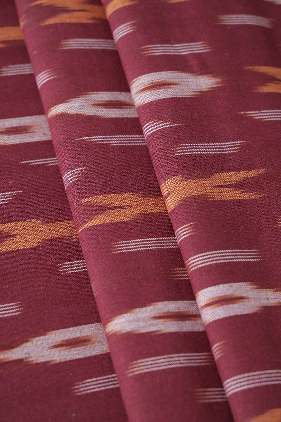 Wine And White Geometric Pattern Handwoven Ikat Organic Cotton Fabric - doeraa