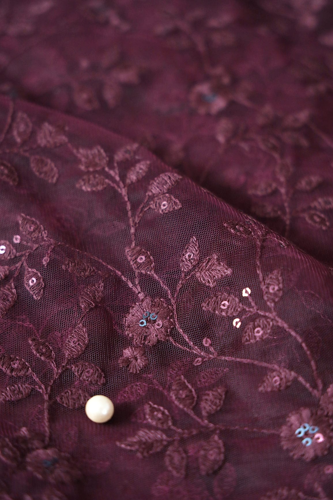Wine Thread And Sequins Floral Heavy Embroidery Work On Wine Soft Net Fabric - doeraa