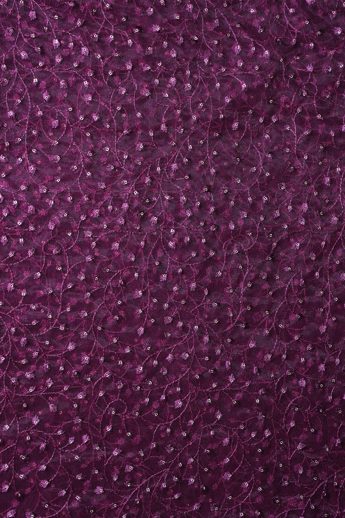 Wine Thread With Gold Sequins Leafy Embroidery On Wine Soft Net Fabric - doeraa