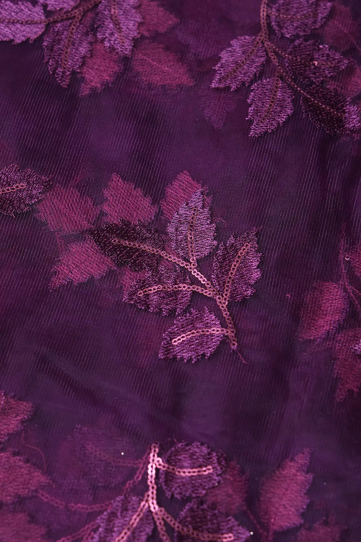 Wine Thread With Sequins Leafy Embroidery Work On Wine Soft Net Fabric - doeraa