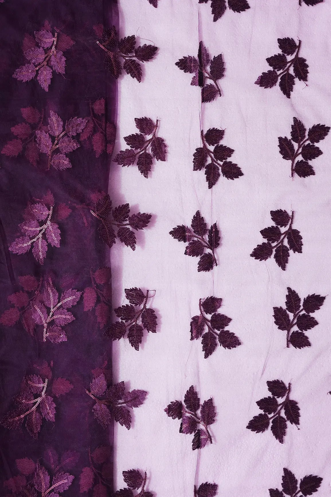 Wine Thread With Sequins Leafy Embroidery Work On Wine Soft Net Fabric - doeraa
