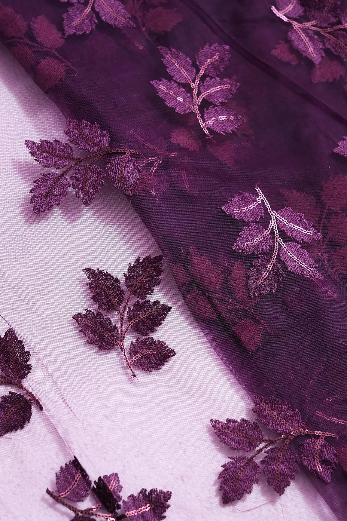 Wine Thread With Sequins Leafy Embroidery Work On Wine Soft Net Fabric - doeraa
