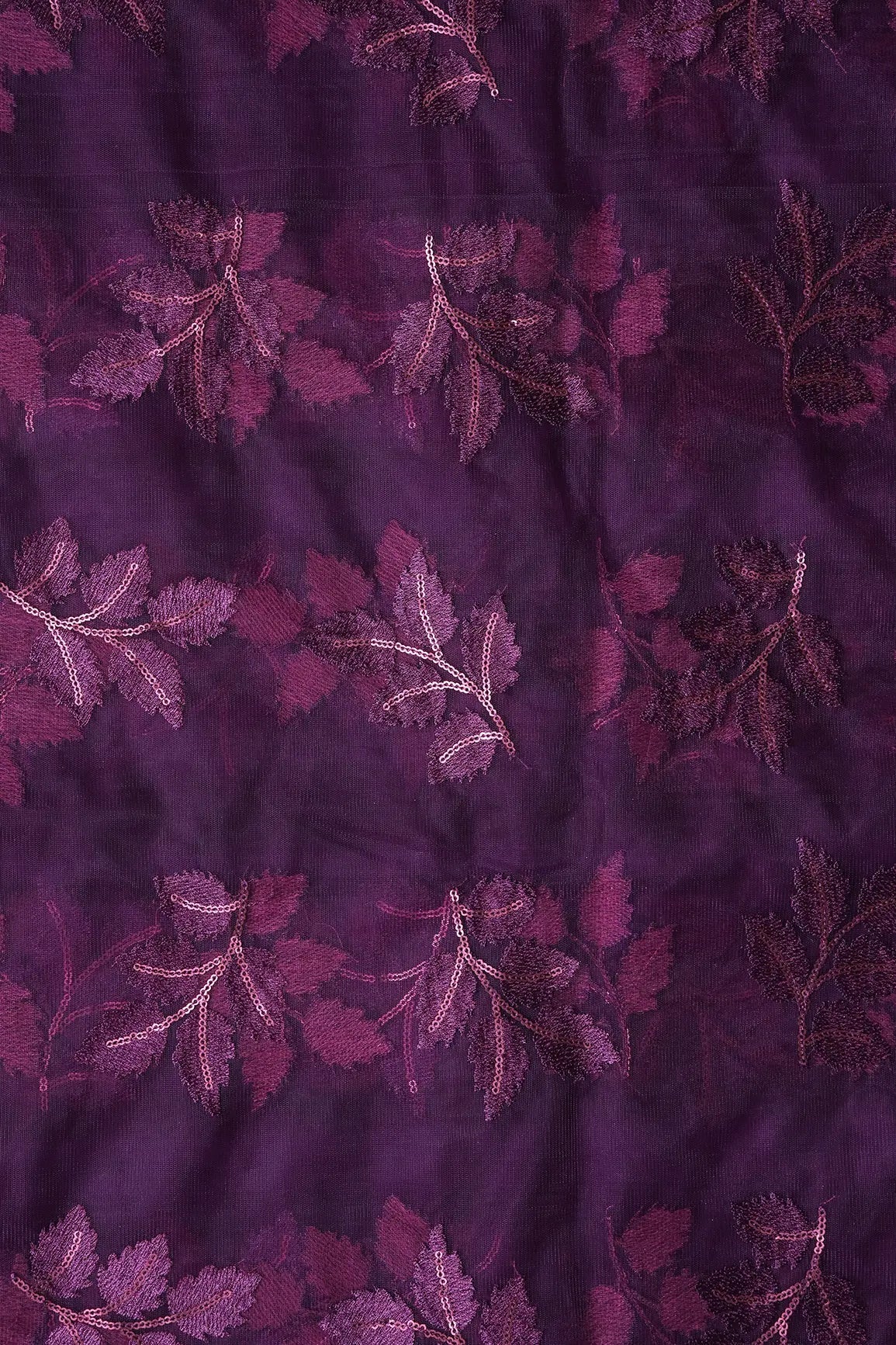 Wine Thread With Sequins Leafy Embroidery Work On Wine Soft Net Fabric - doeraa
