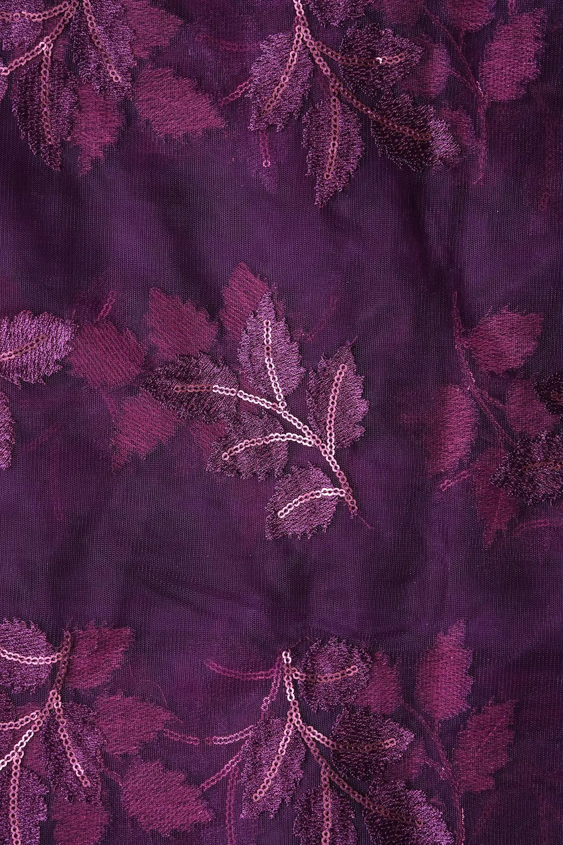 Wine Thread With Sequins Leafy Embroidery Work On Wine Soft Net Fabric - doeraa