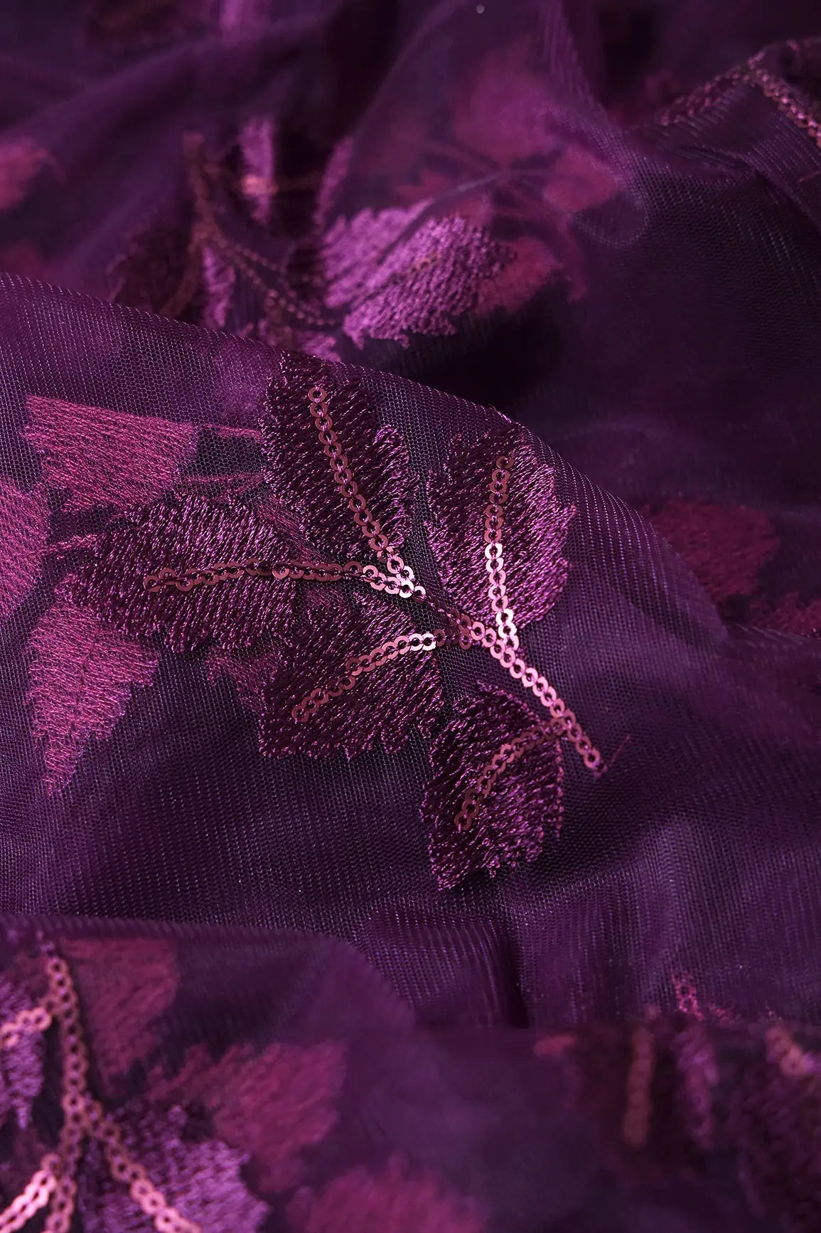 Wine Thread With Sequins Leafy Embroidery Work On Wine Soft Net Fabric - doeraa