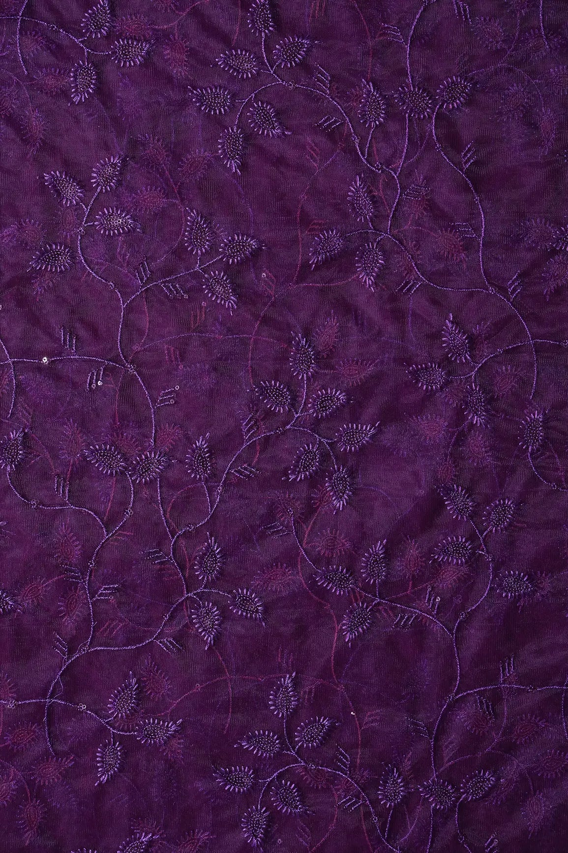Wine Thread With Wine Sequins Leafy Embroidery On Wine Soft Net Fabric - doeraa
