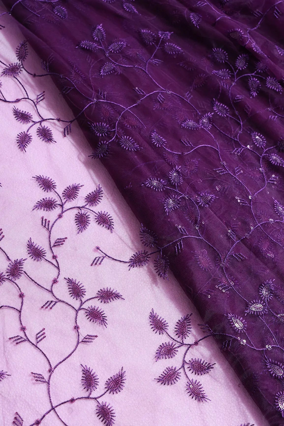 Wine Thread With Wine Sequins Leafy Embroidery On Wine Soft Net Fabric - doeraa