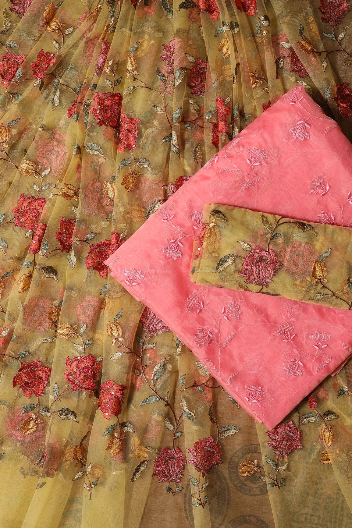 Yellow And Pink Unstitched Lehenga Set Fabric (3 Piece) - doeraa