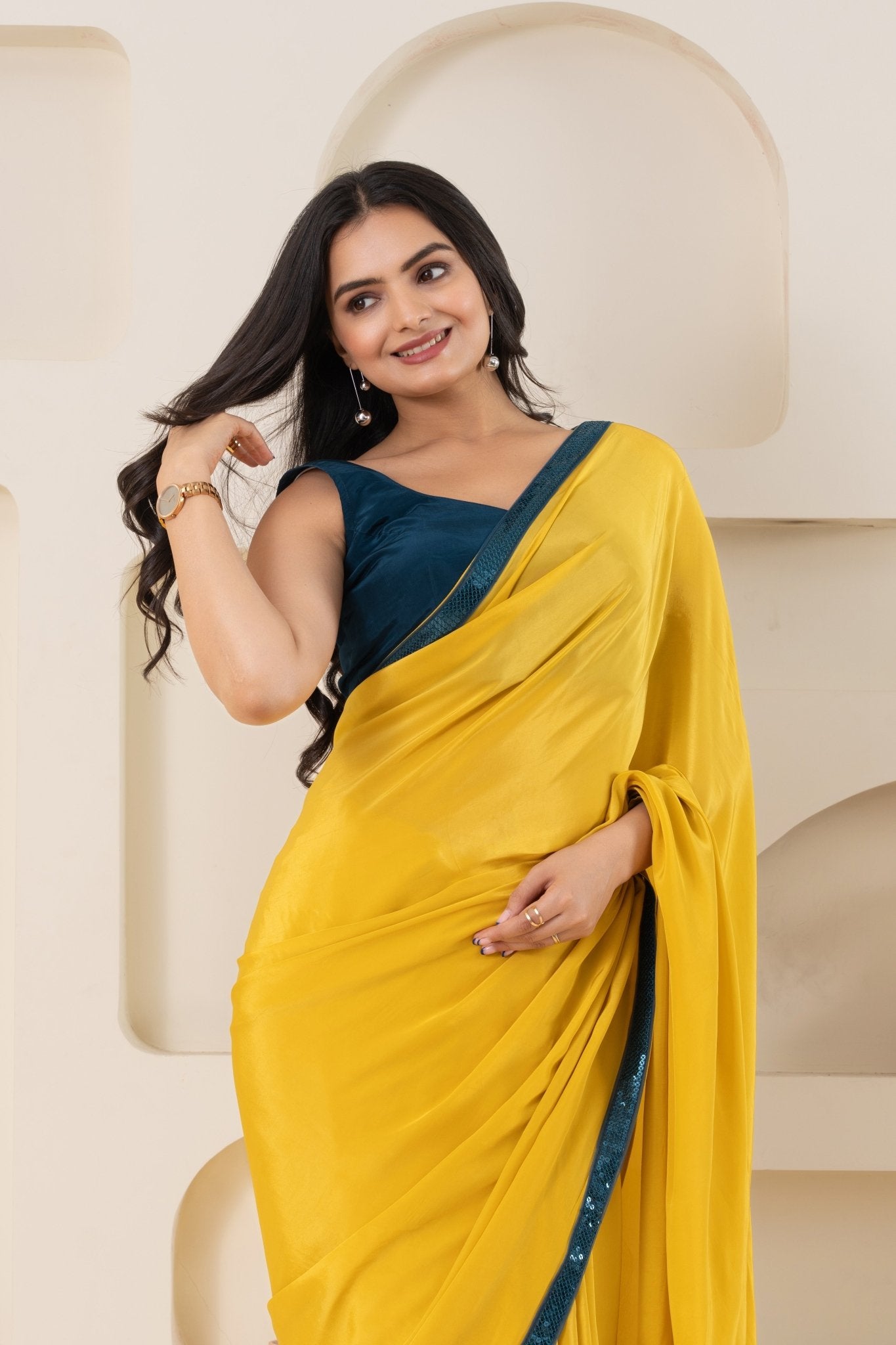 Yellow And Rama Green Pure Viscose Crepe Saree Set With Border (Saree With Blouse Piece) - doeraa
